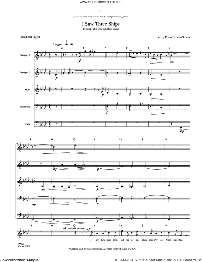 I Saw Three Ships (COMPLETE) sheet music for orchestra/band (Brass) by Donna Gartman Schultz, intermediate skill level
