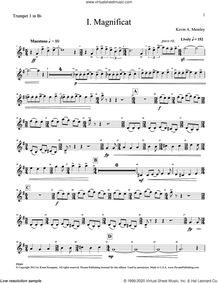 Magnificat (Brass Quintet) (Parts) (complete set of parts) sheet music for orchestra/band by Kevin Memley, intermediate skill level