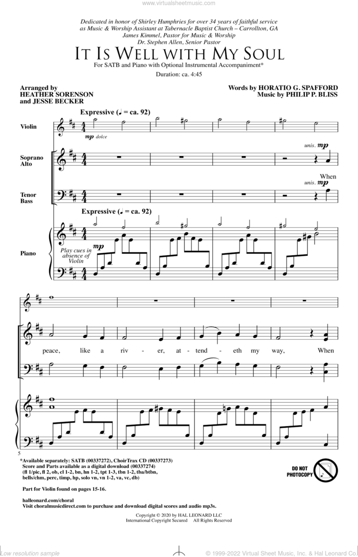 It Is Well With My Soul (arr. Heather Sorenson and Jesse Becker) sheet music for choir (SATB: soprano, alto, tenor, bass) by Philip P. Bliss, Heather Sorenson, Jesse Becker, Horatio G. Spafford and Horatio G. Spafford and Philip P. Bliss, intermediate skill level
