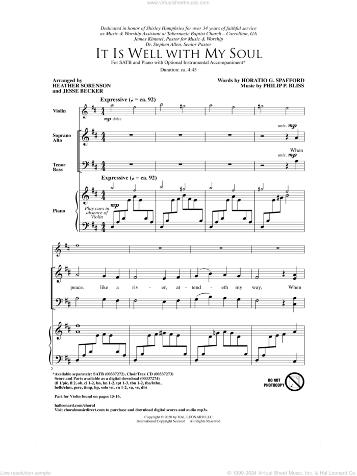 It Is Well With My Soul (arr. Heather Sorenson and Jesse Becker) sheet music for choir (SATB: soprano, alto, tenor, bass) by Philip P. Bliss, Heather Sorenson, Jesse Becker, Horatio G. Spafford and Horatio G. Spafford and Philip P. Bliss, intermediate skill level