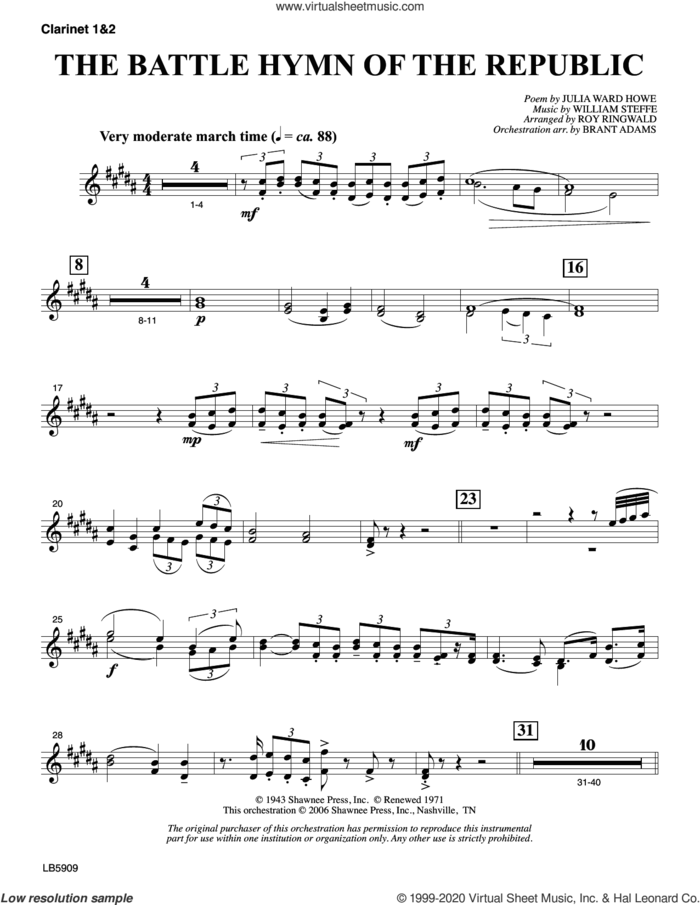 Battle Hymn of the Republic (arr. Roy Ringwald) sheet music for orchestra/band (clarinet 1 and 2) by William Steffe, Brant Adams, Roy Ringwald and Julia Ward Howe, intermediate skill level