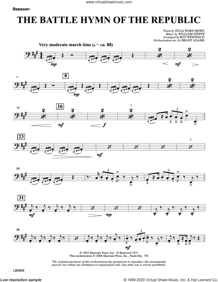 Battle Hymn of the Republic (arr. Roy Ringwald) sheet music for orchestra/band (bassoon) by William Steffe, Brant Adams, Roy Ringwald and Julia Ward Howe, intermediate skill level