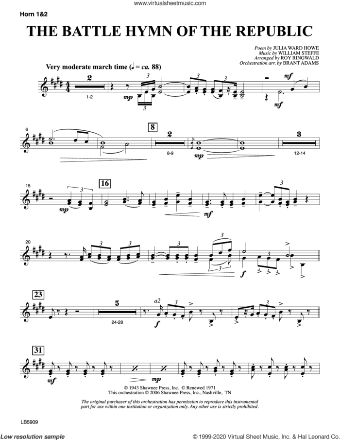 Battle Hymn of the Republic (arr. Roy Ringwald) sheet music for orchestra/band (horn 1 and 2) by William Steffe, Brant Adams, Roy Ringwald and Julia Ward Howe, intermediate skill level