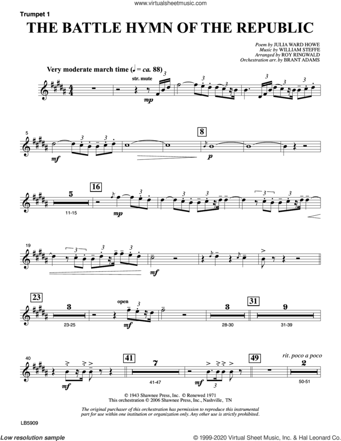 Battle Hymn of the Republic (arr. Roy Ringwald) sheet music for orchestra/band (trumpet 1) by William Steffe, Brant Adams, Roy Ringwald and Julia Ward Howe, intermediate skill level