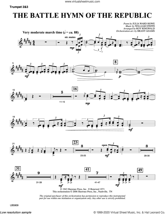 Battle Hymn of the Republic (arr. Roy Ringwald) sheet music for orchestra/band (trumpet 2 and 3) by William Steffe, Brant Adams, Roy Ringwald and Julia Ward Howe, intermediate skill level