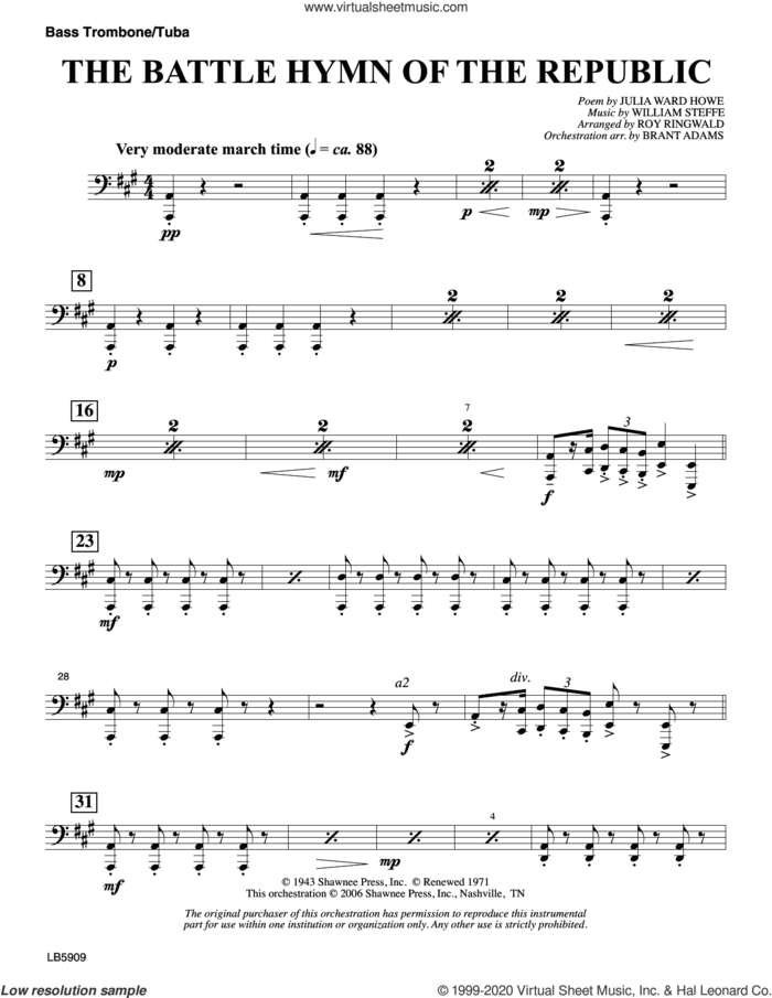 Battle Hymn of the Republic (arr. Roy Ringwald) sheet music for orchestra/band (bass trombone/tuba) by William Steffe, Brant Adams, Roy Ringwald and Julia Ward Howe, intermediate skill level