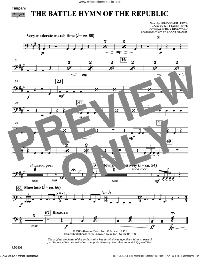 Battle Hymn of the Republic (arr. Roy Ringwald) sheet music for orchestra/band (timpani) by William Steffe, Brant Adams, Roy Ringwald and Julia Ward Howe, intermediate skill level