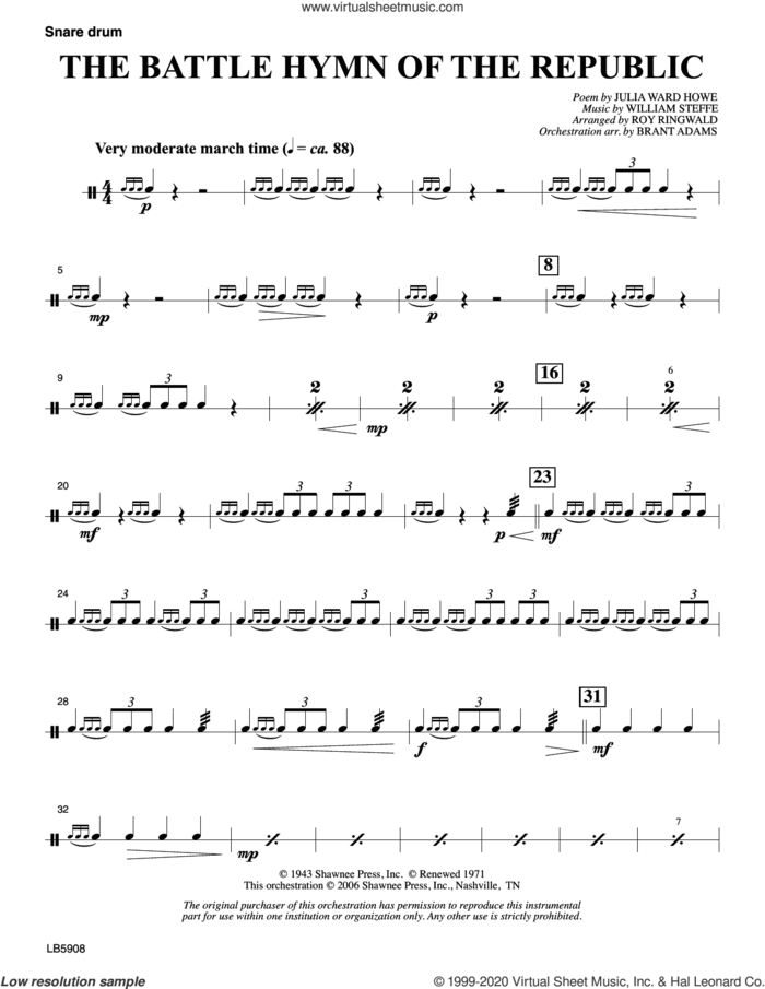 Battle Hymn of the Republic (arr. Roy Ringwald) sheet music for orchestra/band (snare drum) by William Steffe, Brant Adams, Roy Ringwald and Julia Ward Howe, intermediate skill level