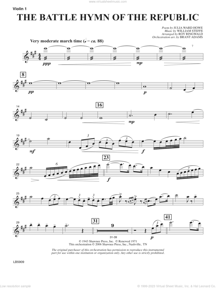 Battle Hymn of the Republic (arr. Roy Ringwald) sheet music for orchestra/band (violin 1) by William Steffe, Brant Adams, Roy Ringwald and Julia Ward Howe, intermediate skill level