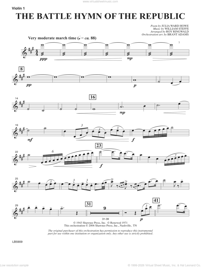 Battle Hymn of the Republic (arr. Roy Ringwald) sheet music for orchestra/band (violin 1) by William Steffe, Brant Adams, Roy Ringwald and Julia Ward Howe, intermediate skill level