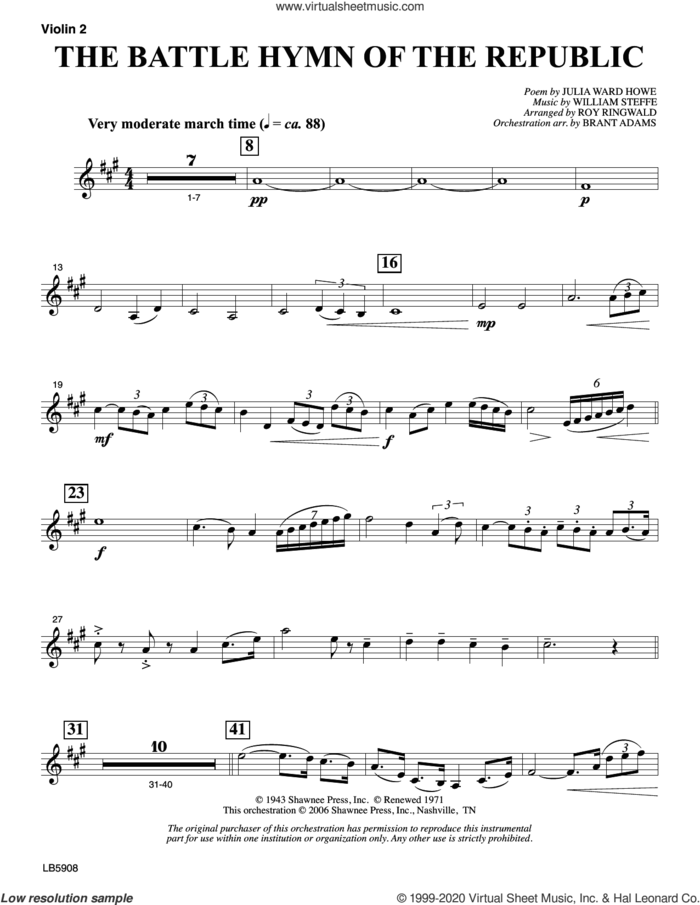 Battle Hymn of the Republic (arr. Roy Ringwald) sheet music for orchestra/band (violin 2) by William Steffe, Brant Adams, Roy Ringwald and Julia Ward Howe, intermediate skill level