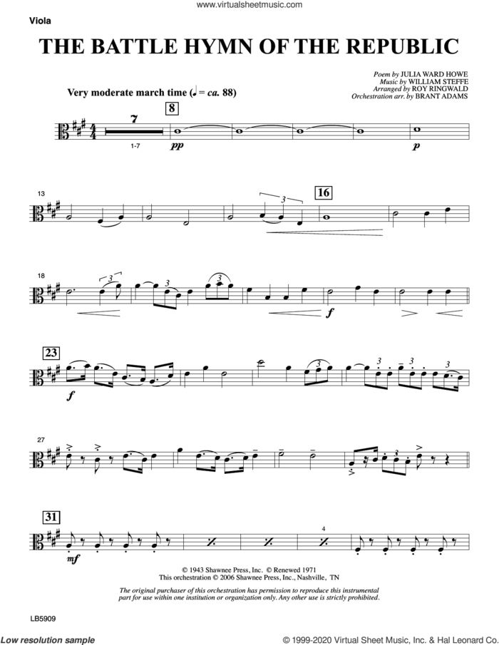 Battle Hymn of the Republic (arr. Roy Ringwald) sheet music for orchestra/band (viola) by William Steffe, Brant Adams, Roy Ringwald and Julia Ward Howe, intermediate skill level