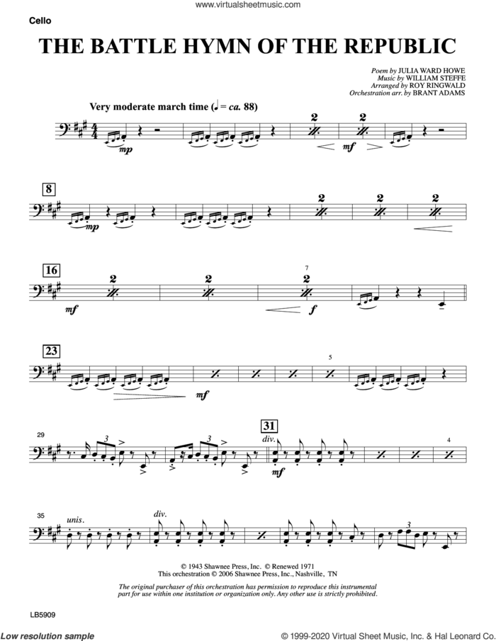 Battle Hymn of the Republic (arr. Roy Ringwald) sheet music for orchestra/band (cello) by William Steffe, Brant Adams, Roy Ringwald and Julia Ward Howe, intermediate skill level