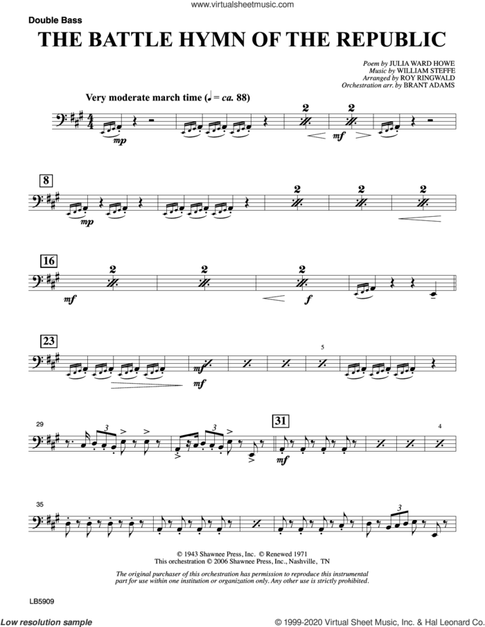 Battle Hymn of the Republic (arr. Roy Ringwald) sheet music for orchestra/band (double bass) by William Steffe, Brant Adams, Roy Ringwald and Julia Ward Howe, intermediate skill level