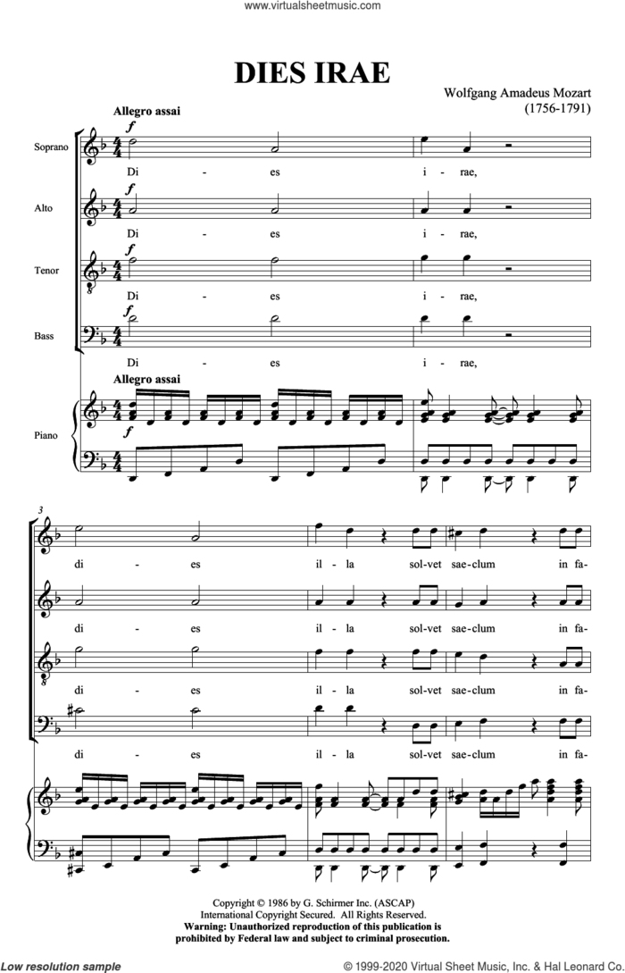 Dies Irae (from Requiem) sheet music for choir (SATB: soprano, alto, tenor, bass) by Wolfgang Amadeus Mozart, classical score, intermediate skill level