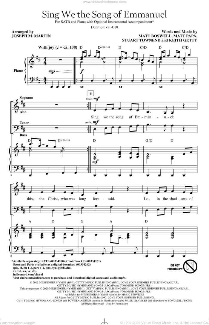 Sing We The Song Of Emmanuel (arr. Joseph M. Martin) sheet music for choir (SATB: soprano, alto, tenor, bass) by Keith & Kristyn Getty, Matt Boswell and Matt Papa, Joseph M. Martin, Kristyn Getty, Keith Getty, Matt Boswell, Matt Papa and Stuart Townend, intermediate skill level