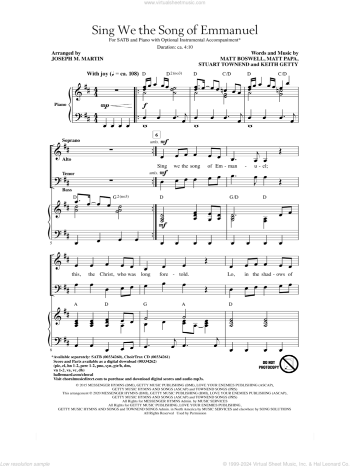 Sing We The Song Of Emmanuel (arr. Joseph M. Martin) sheet music for choir (SATB: soprano, alto, tenor, bass) by Keith & Kristyn Getty, Matt Boswell and Matt Papa, Joseph M. Martin, Kristyn Getty, Keith Getty, Matt Boswell, Matt Papa and Stuart Townend, intermediate skill level