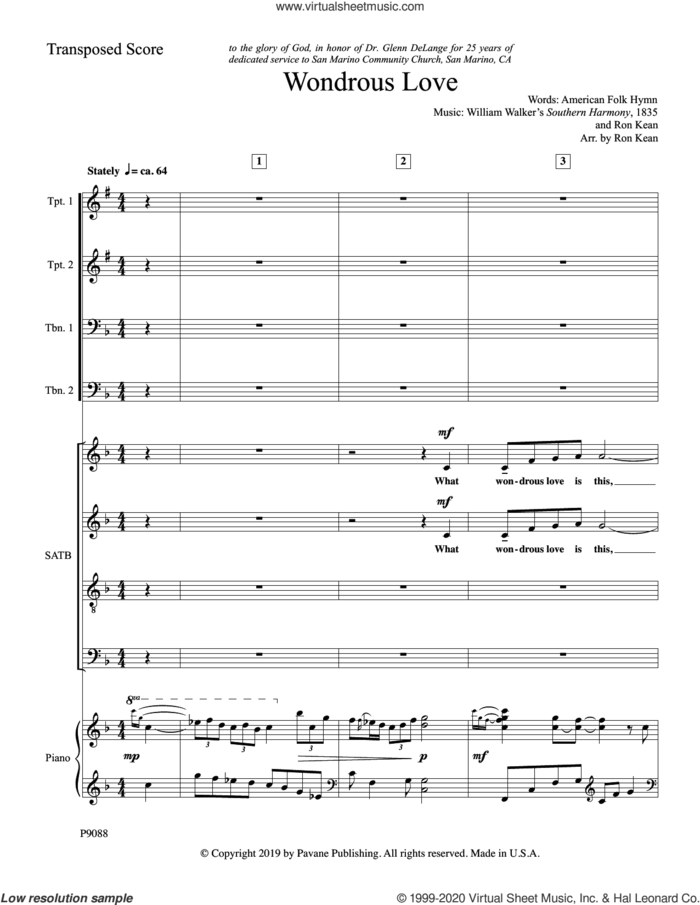 Wondrous Love (COMPLETE) sheet music for orchestra/band by Ron Kean, intermediate skill level