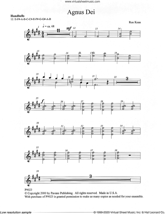 Agnus Dei sheet music for orchestra/band (handbells) by Ron Kean, intermediate skill level