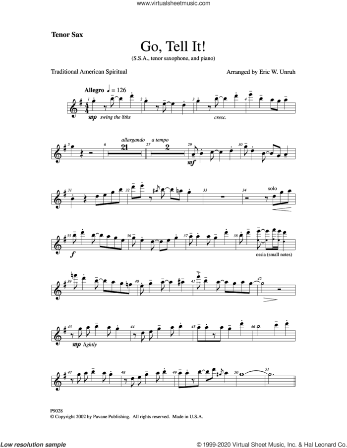 Go Tell It! sheet music for orchestra/band (tenor saxophone) by Eric W. Unruh, intermediate skill level