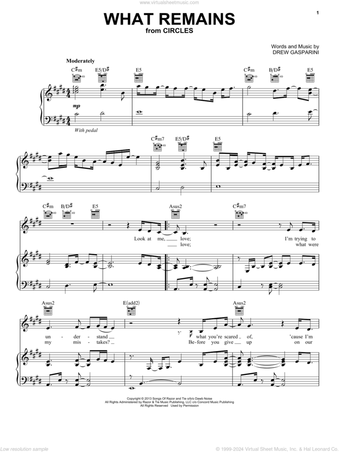 What Remains (from Circles) sheet music for voice, piano or guitar by Caissie Levy and Drew Gasparini, intermediate skill level