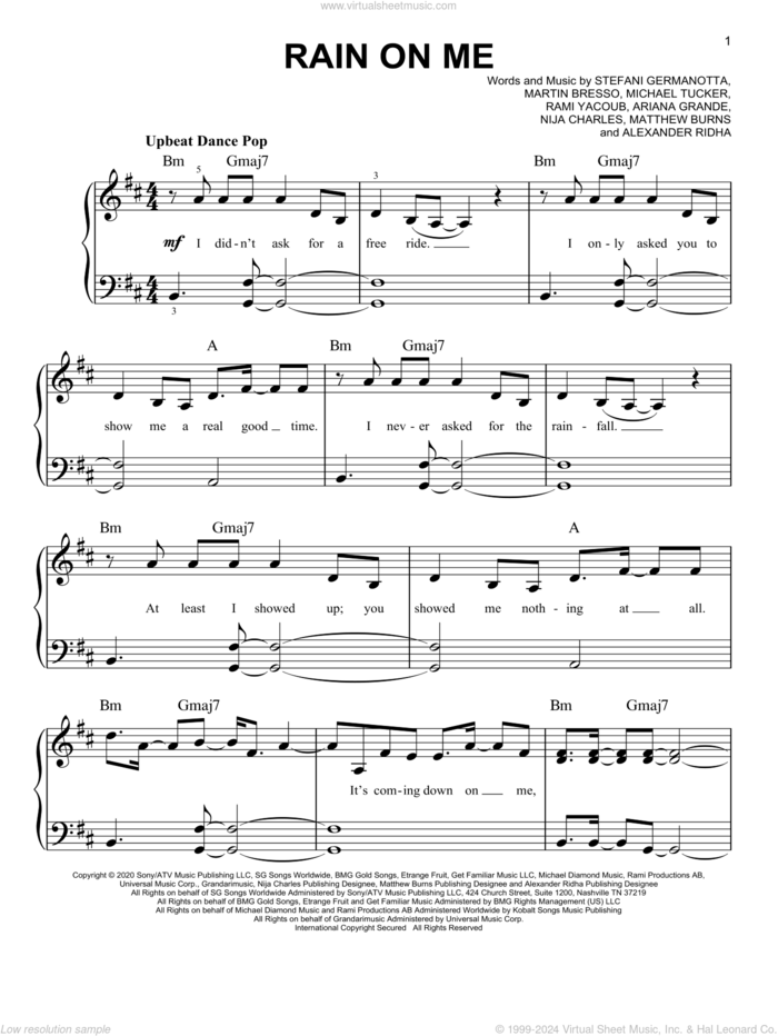 Rain On Me, (beginner) sheet music for piano solo by Lady Gaga & Ariana Grande, Alexander Ridha, Ariana Grande, Lady Gaga, Martin Bresso, Matthew Burns, Michael Tucker, Nija Charles and Rami, beginner skill level