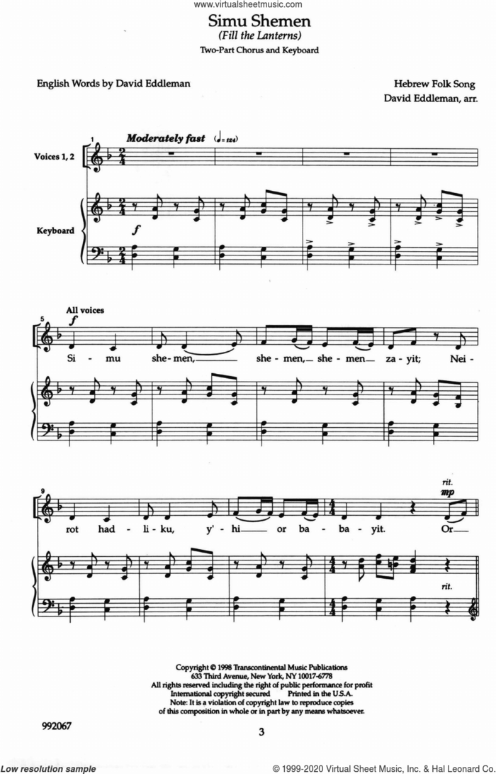 Simu Shemen (Fill the Lanterns) sheet music for choir (2-Part) by David Eddleman, classical score, intermediate duet