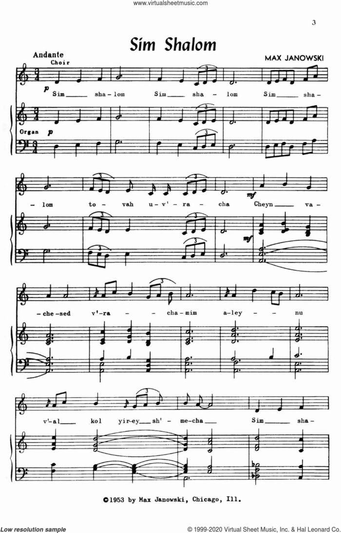 Sim Shalom (Grant Us Peace) sheet music for choir (SATB: soprano, alto, tenor, bass) by Max Janowski, classical score, intermediate skill level