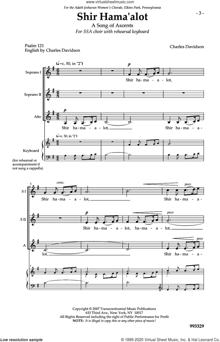 Shir Hama'alot (A Song of Ascents) sheet music for choir (SSA: soprano, alto) by Charles Davidson, intermediate skill level