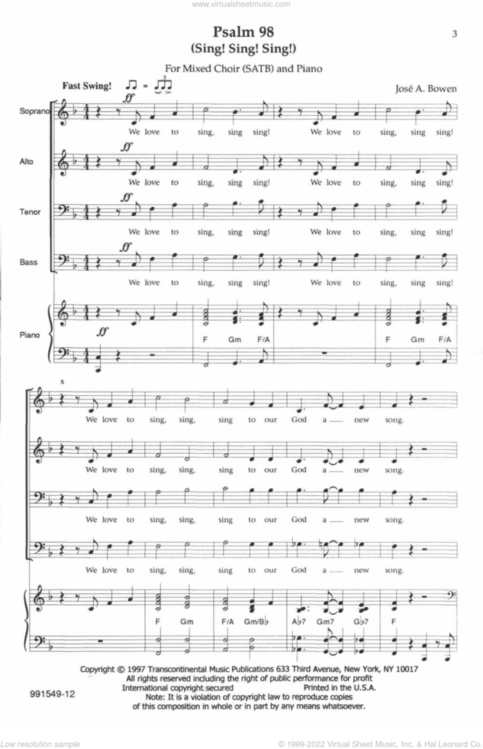 Psalm 98 (Sing! Sing! Sing!) sheet music for choir (SATB: soprano, alto, tenor, bass) by Jose Bowen, classical score, intermediate skill level
