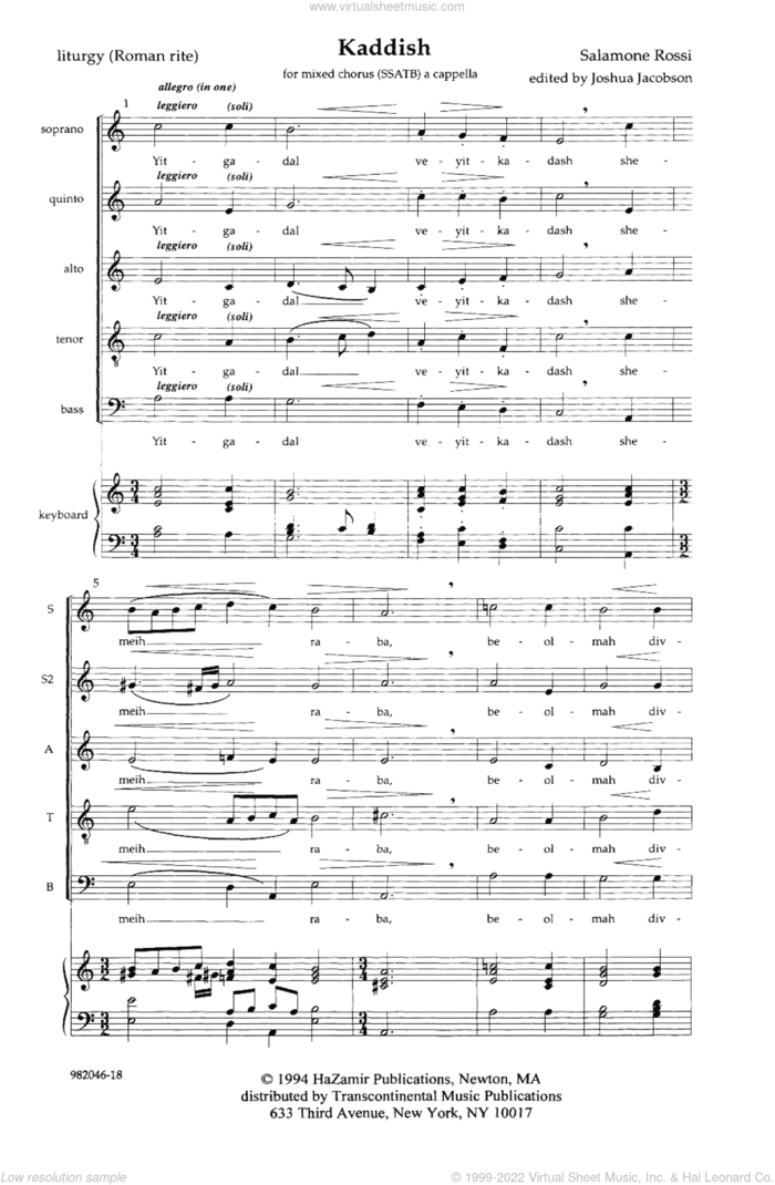 Kaddish sheet music for choir (SSATB) by Salamone Rossi, intermediate skill level