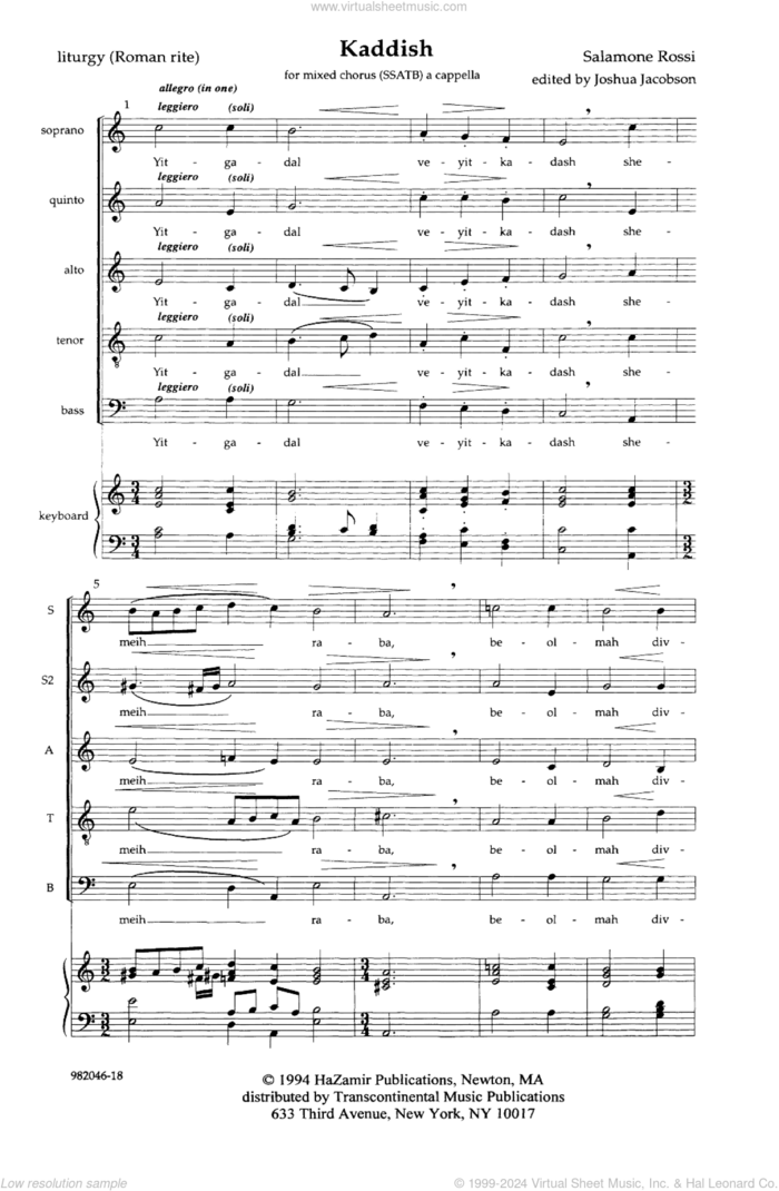 Kaddish sheet music for choir (SSATB) by Salamone Rossi, intermediate skill level