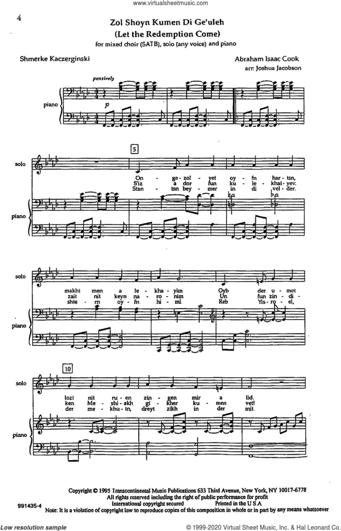 Zol Shoyn Kumen Di Ge'uleh (Let the Redemption Come) (arr. Joshua Jacobson) sheet music for choir (SATB: soprano, alto, tenor, bass) by Abraham Isaac Cook and Joshua Jacobson, classical score, intermediate skill level