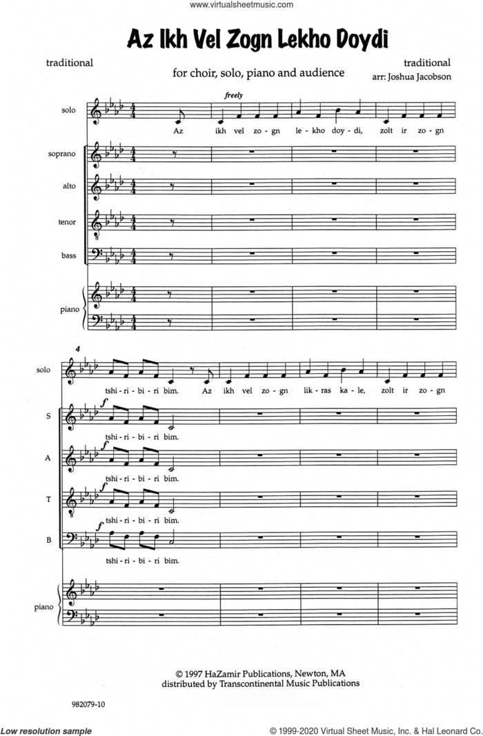 Az Ikh Vel Zogn Lekho Doydi sheet music for choir (SATB: soprano, alto, tenor, bass) by Joshua Jacobson, classical score, intermediate skill level