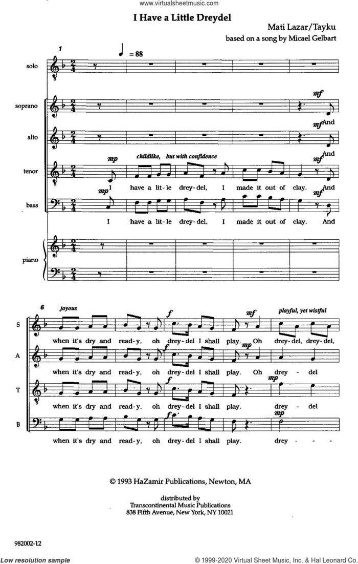 I Have a Little Dreydel (arr. Matthew Lazar and Tayku) sheet music for choir (SATB: soprano, alto, tenor, bass) by Michael Gelbart, Matthew Lazar and Tayku, classical score, intermediate skill level