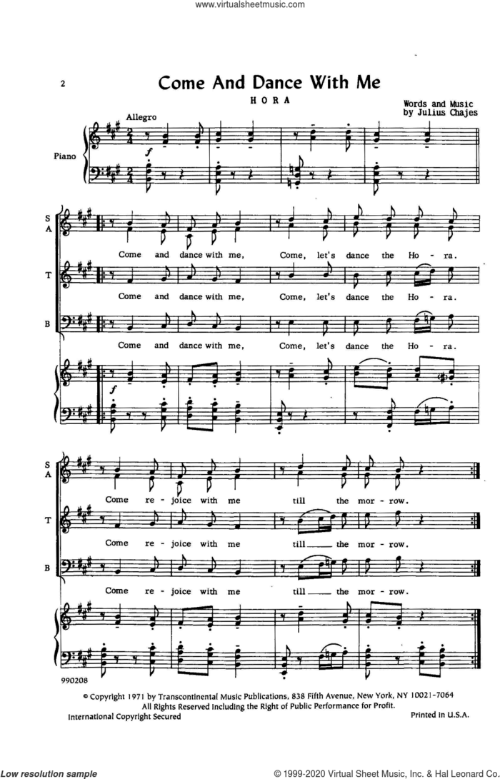 Come And Dance With Me (Hora) sheet music for choir (SATB: soprano, alto, tenor, bass) by Julius Chajes, classical score, intermediate skill level