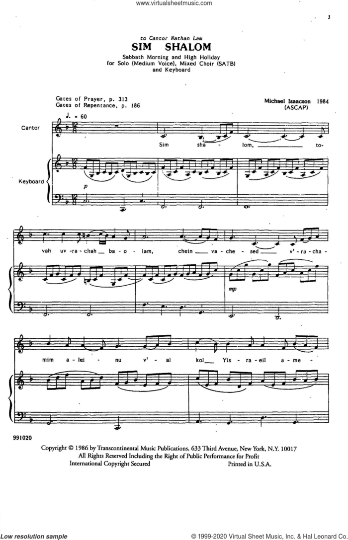 Sim Shalom (Grant Us Peace) sheet music for choir (SATB: soprano, alto, tenor, bass) by Michael Isaacson, classical score, intermediate skill level