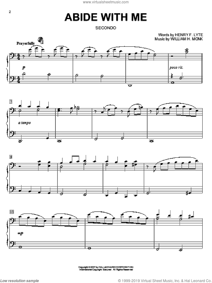 Abide With Me (arr. Larry Moore) sheet music for piano four hands by Henry F. Lyte and William Henry Monk, intermediate skill level