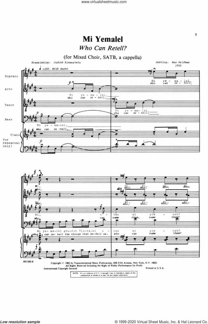 Mi Yemalel (Who Can Retell?) sheet music for choir (SATB: soprano, alto, tenor, bass) by Max Helfman, classical score, intermediate skill level