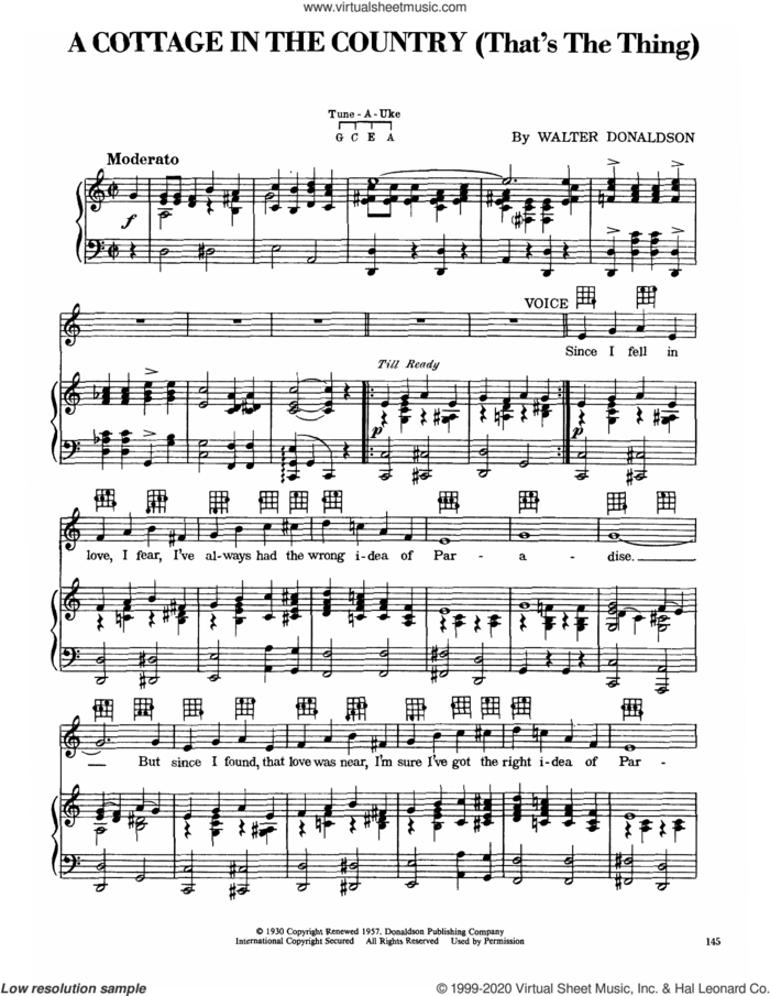 A Cottage In The Country (That's The Thing) sheet music for voice, piano or guitar by Walter Donaldson, intermediate skill level