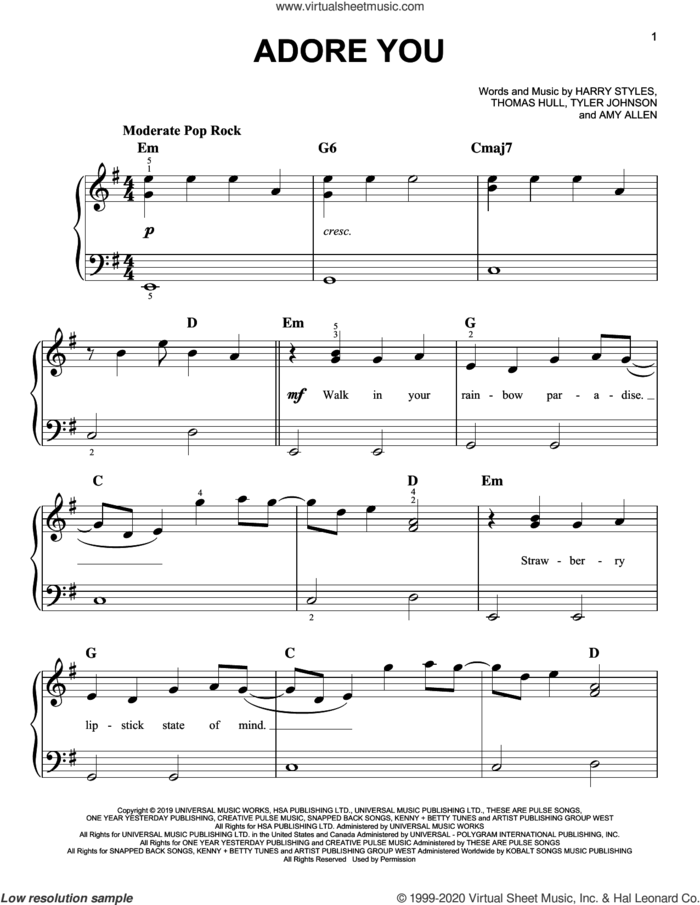 Adore You, (beginner) sheet music for piano solo by Harry Styles, Amy Allen, Tom Hull and Tyler Johnson, beginner skill level