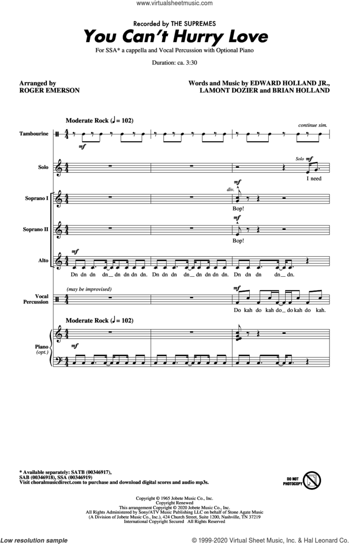 You Can't Hurry Love (arr. Roger Emerson) sheet music for choir (SSA: soprano, alto) by The Supremes, Roger Emerson, Brian Holland, Edward Holland Jr. and Lamont Dozier, intermediate skill level