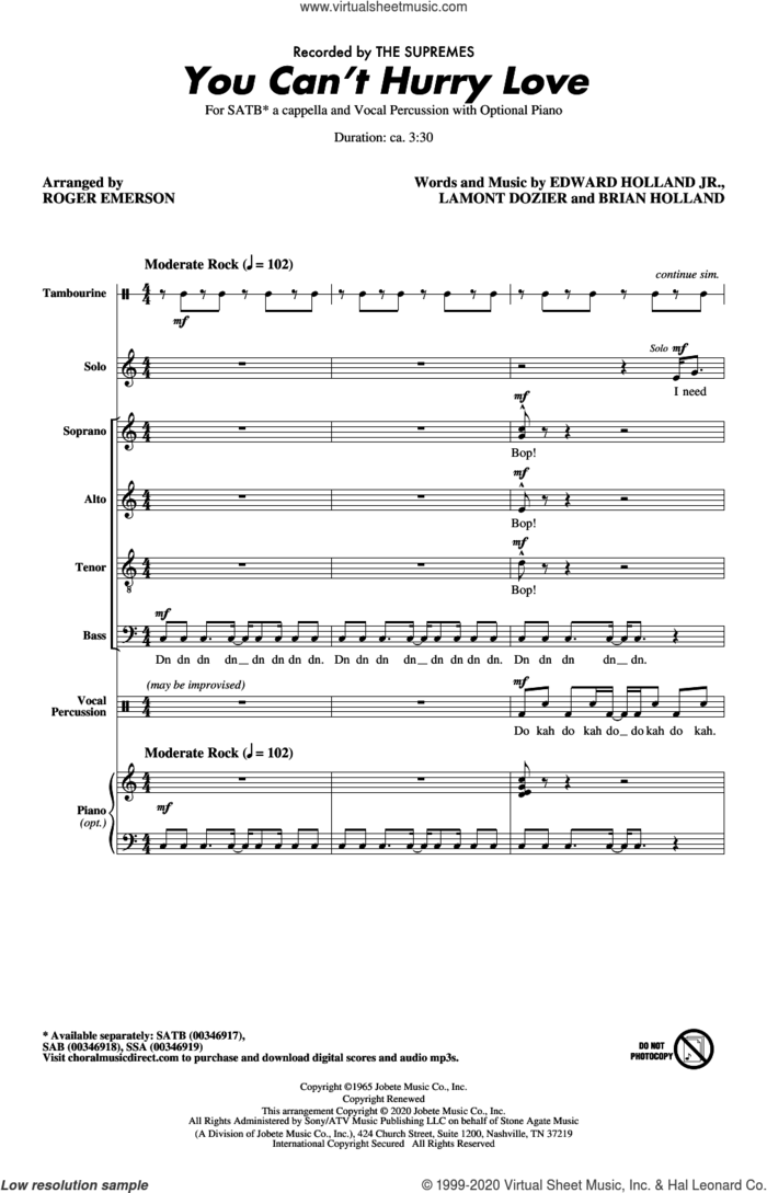 You Can't Hurry Love (arr. Roger Emerson) sheet music for choir (SATB: soprano, alto, tenor, bass) by The Supremes, Roger Emerson, Brian Holland, Edward Holland Jr. and Lamont Dozier, intermediate skill level