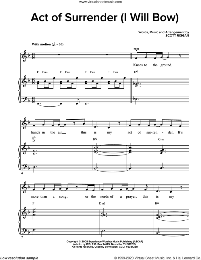 Act Of Surrender (I Will Bow) sheet music for voice and piano by Scott Riggan, intermediate skill level