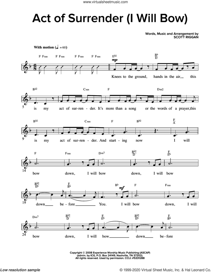 Act Of Surrender (I Will Bow) sheet music for voice and other instruments (fake book) by Scott Riggan, intermediate skill level