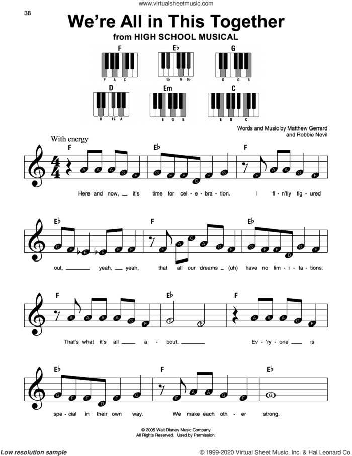 We're All In This Together (from High School Musical) sheet music for piano solo by High School Musical Cast, Matthew Gerrard and Robbie Nevil, beginner skill level