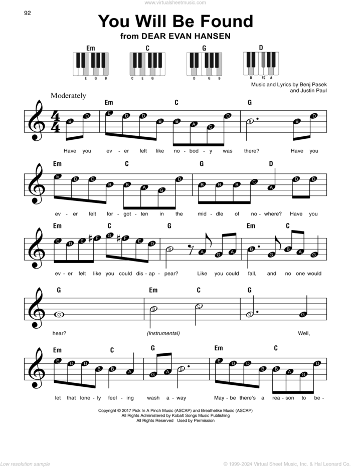 You Will Be Found (from Dear Evan Hansen) sheet music for piano solo by Pasek & Paul, Benj Pasek and Justin Paul, beginner skill level