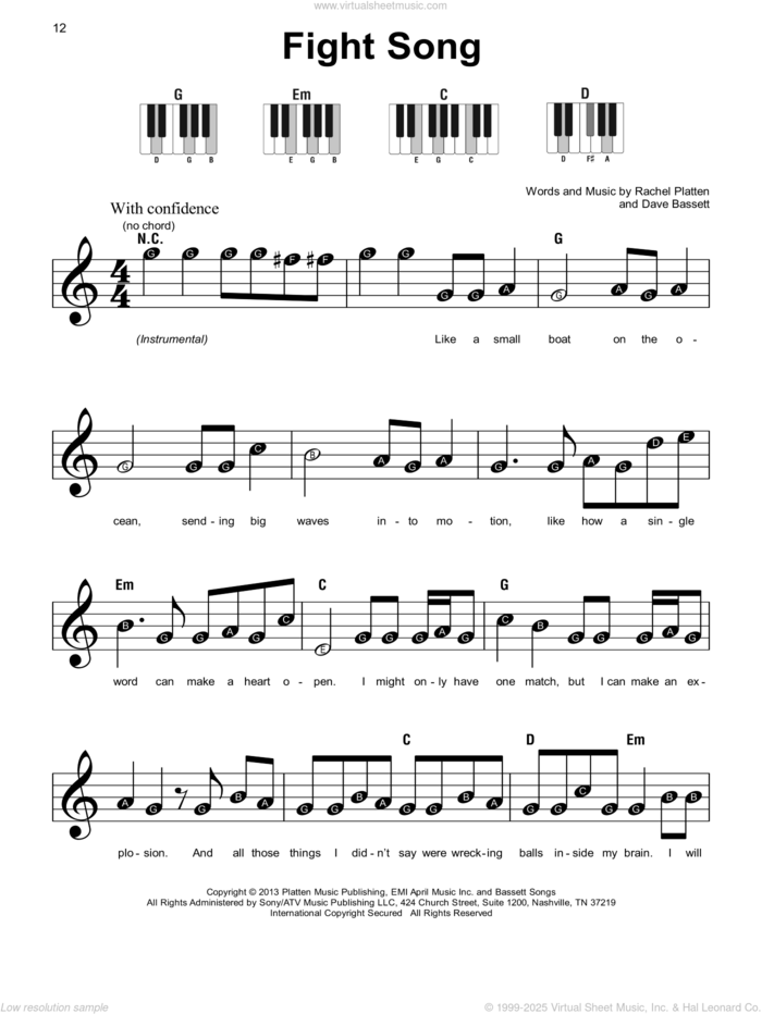 Fight Song sheet music for piano solo by Rachel Platten and Dave Bassett, beginner skill level