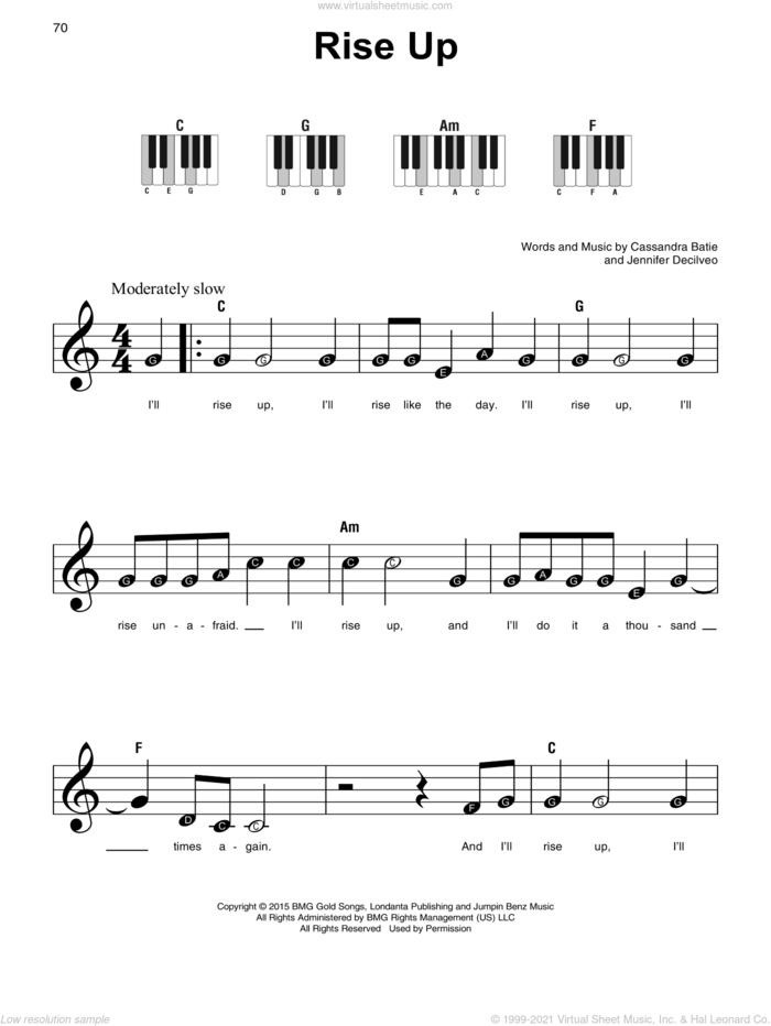 Rise Up, (beginner) sheet music for piano solo by Andra Day, Cassandra Batie and Jennifer Decilveo, beginner skill level