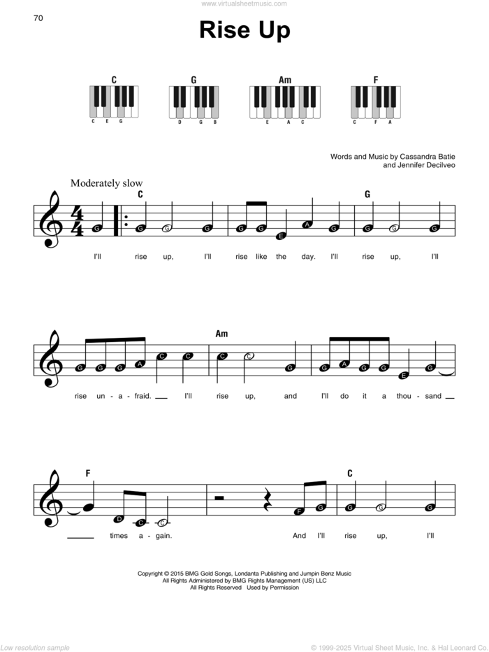 Rise Up, (beginner) sheet music for piano solo by Andra Day, Cassandra Batie and Jennifer Decilveo, beginner skill level